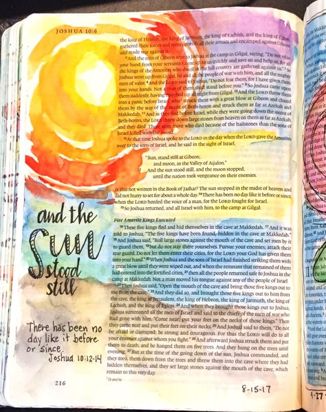 Joshua 10:12-14 Bible art journaling by @patjournals Joshua Bible, Illustrated Faith Bible Journaling, Illustrated Faith Bible, Bible Drawing, Bible Journaling Ideas Drawings, Bible Doodling, Bible Journal Notes, Inspire Bible Journaling, Bible Illustrations