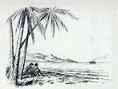 sketches of the beach | Drawing in pencil. 12,5cm x 15cm. Monogrammed TFS Island Sketch, Beach Sketch, Beach Sketches, Awesome Drawing Ideas, Beach Drawing, Drawing Male, Stippling Art, Pencil Drawing Ideas, Awesome Drawing