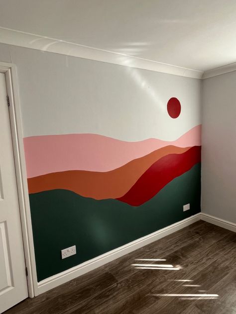 Bedroom feature wall mural of a sunset and mountains Diy Feature Wall Paint Bedroom, Mural For Bedroom Wall, Simple Paint Mural, Sunset Bedroom Walls, Mountain Sunset Wall Mural, Simple Mountain Mural Nursery, Desert Sunset Wall Mural, Simple Bedroom Paint Ideas, Bedroom Mountain Mural