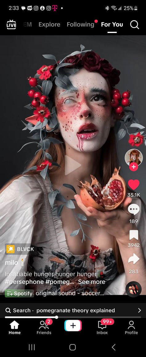 Persephone Inspired Makeup, Pomegranate Makeup Look, Diy Persephone Costume, Persephone Makeup Inspiration, Pomegranate Outfit, Persephone Halloween, Pomegranate Makeup, Persephone Outfit, Persephone Makeup