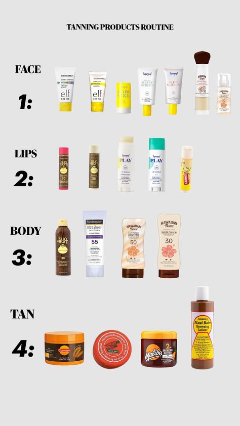 My favorite sun care products!!! comment which ones your fav from each section!!! #summer#preppy#bronzedbycarrot#carroten#mauibabe#malibubronzingbutter#tanning#supergoop#elf#sunbum#getthusviral Tan Routine, Tanning Routine, Hawaiian Tropic, Sun Bum, Sun Care, Aesthetic Makeup, Tanning, Care Products, Sunscreen