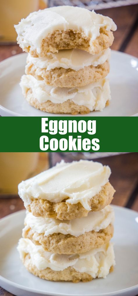 Cooking With Eggnog, Soft Eggnog Cookies, Eggnog Sugar Cookie Recipe, Eggnog Tres Leches Cookies, Eggnog Cookies Easy, Eggnog Shortbread Cookies, Eggnog Recipes Desserts, Eggnog Cookies Recipe, Frosted Cookies Recipe