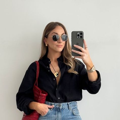 Stacie Elsmore on Instagram: "10 ways to wear a black linen shirt 👉🏻 Which look is your favourite? 🖤  A linen shirt is an absolute classic for Summer, plus it is a real work horse- I mean, how many other items can you say can be worn to the beach, office, bar & the school run!? I also like the black as it’s easier to keep clean 😂  You can shop all of my outfits over on my LTK (the link is in my bio, or search MISSY ELZ on the app)" Linen Black Shirt Outfit, Black Linen Blouse Outfit, Black Button Shirt Outfit, Black Oversized Button Up Shirt Outfit, Black Dress Shirt Outfit, Black Linen Shirt Outfit, Black Shirt Dress Outfit, Linen Shirt Outfit Women, Linen Blouse Outfit