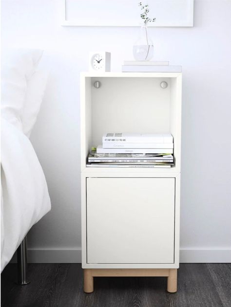 4 ways to use the EKET cube as a bedroom nightstand - IKEA Hackers Eket Ikea, Ikea Eket, Open Stairs, Small Bedside, Ikea Bedroom, Cabinet Fronts, Ikea Hackers, Modular Storage, Shelf Unit