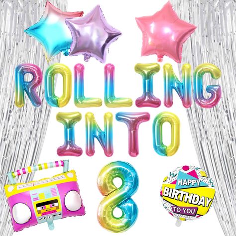 PRICES MAY VARY. Our Rolling into 8 Party Supplies set has it all to make this a big awesome day! This set of Lets Roll Skate Party Decoration can be use back to 90s party! You will get: 1 x Rolling into 8 Letter balloon, 1 x radio balloon, 3 x stars. 1 x foil balloon( detail please refer to the pictures). DIY your Rolling into 8 Birthday Decoration! Use our balloons and backdrop to celebrate your impressive moment! Our Rolling into 8 Party Supplies set has it all to make this a big awesome day! Roller Skating Party, Skating Party, Skate Party, 90s Party, Retro Theme, Birthday Decoration, Roller Skating, Party Balloons, Party Decoration