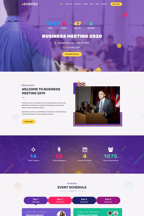 "Eventeo" is a WordPress theme designed for creating websites related to events and conferences. Conference Website Design, Conference Event Design, Conference Website, Creating Websites, 8 February, Conference Event, Business Conference, Wordpress Theme Design, Event Themes