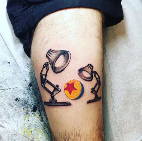 Pixar Tattoo, Disney Tattoos Unique, Disney Tattoos For Men, Tattoos Placement Ideas, Disney Leg Sleeve, Disney Tattoo Ideas, Pixar Lamp, Lamp Tattoo, Disney Sleeve