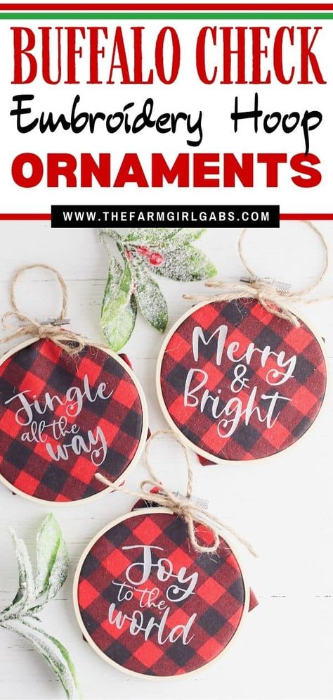 Homemade Christmas ornaments add a special touch to your tree. Add a farmhouse flair and make some Buffalo Plaid Hoop Ornaments. It's an easy Cricut Christmas craft. The DIY Christmas ornaments are easy to make and great to give. These embroidery hoop ornaments make a great DIY Christmas gift idea. Embroidery Hoop Ornaments, Buffalo Plaid Christmas Ornaments, Hoop Ornaments, Plaid Ornaments, Cricut Ornaments, Buffalo Plaid Ornaments, Farmhouse Christmas Ornaments, Farmhouse Flair, Plaid Christmas Decor