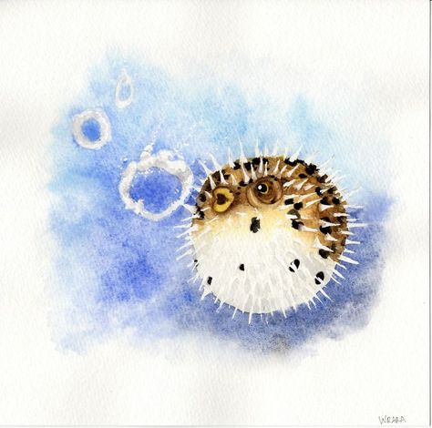 "Puffer Fish" Watercolor Puffer Fish, Puffer Fish Watercolor, Puffer Fish Painting, Pufferfish Painting, Puffer Fish Drawing, Puffer Fish Art, Painting A Day, Small Watercolor, Reef Fish