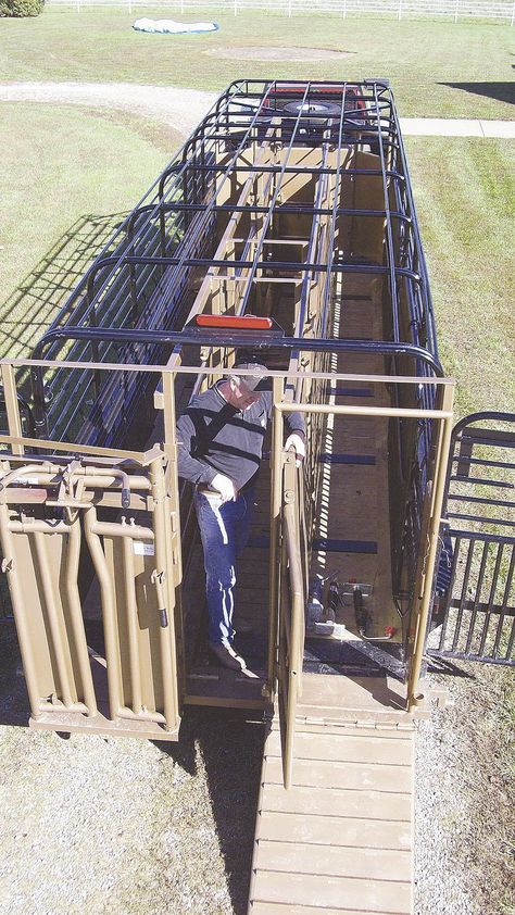 Randy Kell can safely work cattle in his stock trailer and haul them away a few minutes later in the same trailer. His Double K Alleyway makes it easy to use the same rig for both jobs. Show Cattle Barn, Cattle Housing, Cattle Pens, Cattle Facility, Cattle Feeder, Shop Hacks, Cattle Corrals, Cattle Trailers, A Few Minutes Later