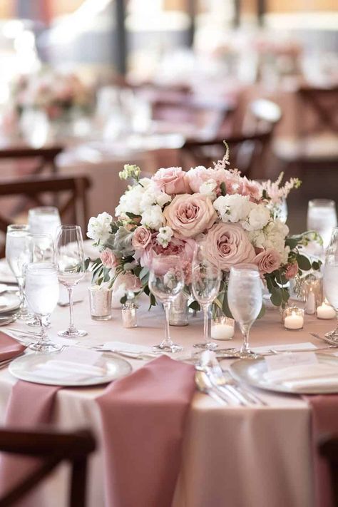 Pink Dreams: 16 Stylish Ideas For A Pink Wedding • Pale Blush Wedding Theme, Dusty Rose Centerpiece, Pink Wedding Accents, Blush Pink Wedding Table Decor, Soft Pink Wedding Theme, White And Pink Centerpieces, Wedding Centerpieces Low, Pink And White Wedding Decorations, Pink Neutral Wedding