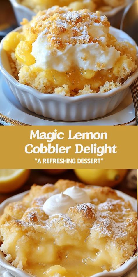 Magic Lemon Cobbler Delight is the perfect blend of tart and sweet, featuring a zesty lemon filling and buttery golden crust. Serve it warm with ice cream for a refreshing dessert that's easy to make and sure to impress.  Ingredients:  1/2 cup unsalted butter 1 cup all-purpose flour 1 1/2 cups granulated sugar, divided 1 tablespoon baking powder 1/4 teaspoon salt 1 cup milk 1/4 cup lemon juice Zest of 1 lemon 2 cups hot water What To Make With Fresh Lemons, Thanksgiving Lemon Desserts, What Can I Make With Lemon Pie Filling, Fresh Lemon Recipes Desserts, Bonne Maman Lemon Curd Recipes, Recipes To Use Lemon Curd, Winter Lemon Desserts, Lemon Curd Recipes Desserts, Lemon Cobbler Recipes