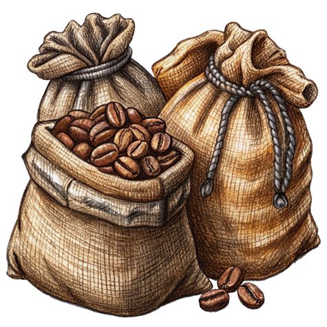 Image of Roasted Coffee Beans in Hemp Sacks Art Coffee Bean Cartoon, Coffee Bookstore, Coffee Bean Art, Coffee Poster Design, Whimsical Art Journal, Creative Bookmarks, Roasted Coffee Beans, Roasted Coffee, Coffee Poster