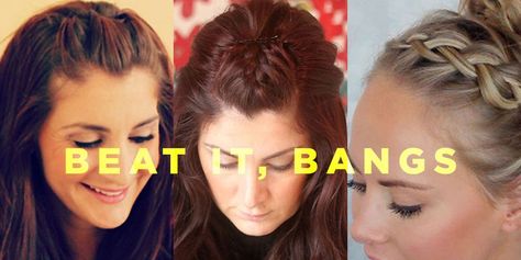 hairstyles to keep bangs out of face | Women's Health Growing Out Highlights, Ways To Style Your Bangs, Pin Back Bangs, Pull Back Bangs, Beautiful Braided Hairstyles, Bangs Updo, Style Bangs, Bangs Back, Growing Out Bangs