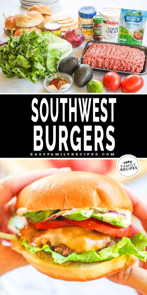 Transform weeknight dinners with our easy Southwest Burger recipe! This summer grilling favorite features a juicy beef patty infused with green chilies, complemented by creamy avocado and zesty chipotle mayo—all nestled in a toasted bun. It's the perfect blend of smoky, spicy, and savory flavors, ideal for quick family dinners or casual gatherings. Fire up the grill and savor this delicious twist on a classic burger! Beef Burgers Patties, Southwest Burger, Asian Steak Bites, Creamy Pasta Bake, Quick Family Dinners, Classic Burger, Easy Burgers, Recipe For Summer, Herb Roasted Potatoes