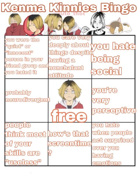 Kin Bingo Haikyuu, Kinnie Bingo Haikyu, Haikyuu Kin Bingo, Kenma Kinnie Bingo, Sk8 Kinnie Bingo, Haikyuu Kinnies Bingo, Haikyuu Kinnies, Kenma Headcanon, Kin List Template