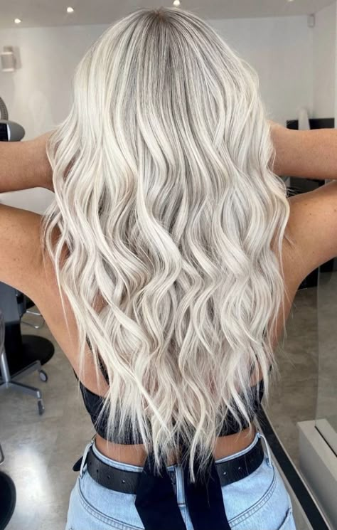 Ice Blonde Hair Highlights, Long Platinum Blonde Hair With Shadow Root, Silver Tone Hair, Icy Pearl Blonde Hair, White Blonde With Dimension, Full Head Ash Blonde Highlights, Platimun Blonde Highlights, Ash Blonde Bayalage Highlights, Platinum Blonde Highlights With Money Piece