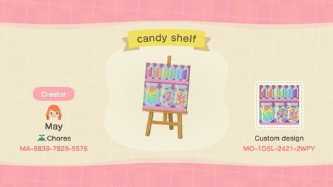 ACNH DESIGNS on Twitter: "Sweets 🍬 #acnh #ACNHDesigns #acnhcodes #acnhinspo #acnhpatterns #AnimalCrossingNewHorizons… " Candy Shelf, Acnh Signs, Ac New Leaf, Animal Crossing Guide, Qr Codes Animal Crossing, Animal Crossing Villagers, Rainbow Candy, New Animal Crossing, Animal Crossing Game