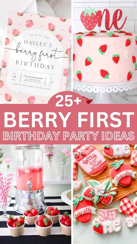 Celebrate your little one's first birthday with the sweetest berry-themed bash! Explore adorable First Birthday Party Ideas for a girl, featuring summer vibes and Strawberry Party decor. From birthday cake ideas to favors, make it a memorable celebration. Berry Themed Party Favors, Very Berry 1st Birthday, Some Berry Is One Party, Beery First Birthday Girl, My Berry First Birthday Smash Cake, Strawberry One Birthday, Food For Berry First Birthday, Strawberry Cake For 1st Birthday, Summer First Birthday Theme Girl