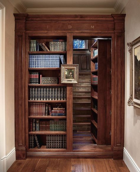 AVRIL INTERIORS on Instagram: “Every home should have a little mystery & intrigue! 🖤 Mr. Green, in the Library with the Candlestick 🔍#hiddenstaircase #designlove…” Dream House Library, Secret Rooms In Houses, Simple Living Room Decor, Home Library Design, Hidden Rooms, Secret Door, Small House Plan, Hidden Door, Attic Rooms