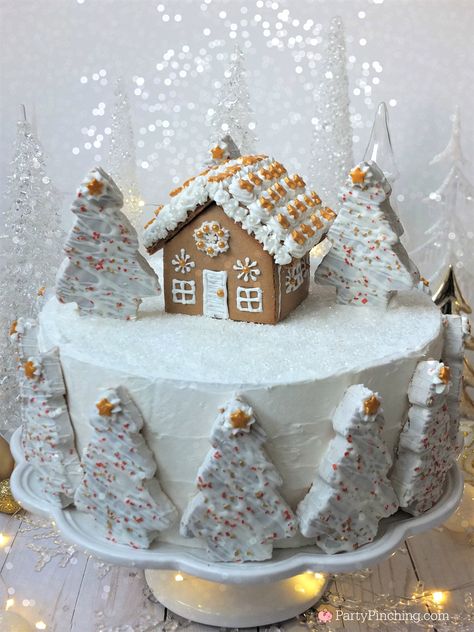 winter wonderland holiday spice cake, beautiful elegant Christmas cake, show stopping centerpiece cake for Christmas party, gingerbread house Christmas cake, mini gingerbread house Little Debbie winter tree cake, winter tree cake, snow scene cake, winter snowy cake, sparkling snow cake, white and gold cake, easy simple to make cake fast to create Christmas Loaf, Cake Winter, Snow Cake, Xmas Village, Winter Wonderland Cake, Cake Beautiful, Christmas Cakes Easy, Mini Gingerbread House, Sparkling Snow