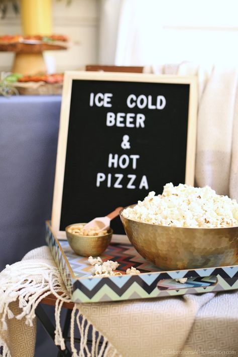 Set up a Pizza & Beer Party Bar for casual entertaining at home. This party is great for game day, birthdays, or to dress up any beer bar. #BeerParty #BeerBar #PizzaandBeer #PizzaParty #BirthdayIdeasforHim #bar #partysign 50th Birthday Pizza Party, Pizza And Beer Party Decorations, Beer Setup For Party, Beer And Cheers Party, Pizza And Beer Party, Beer Themed Birthday Party Food, Beer Fest Party Ideas, Bar Set Up Ideas, New House Party