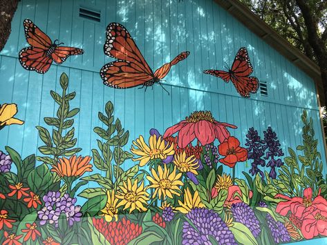 Outdoor Garden Mural, Bug Mural, Wild Flower Mural, Outside Murals, Garden Mural Ideas, Butterfly Mural Wall Painting, Fairy Garden Mural, Florida Mural, Flowers Mural