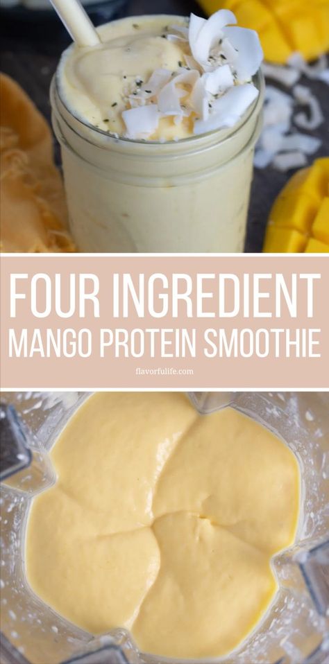 Boost your day with this mango protein smoothie recipe! Packed with 35 grams of protein and using frozen mango, this healthy smoothie is delightfully creamy and tropical. It's the perfect way to energize your mornings or replenish after a workout with a taste of the tropics! Frozen Mango Recipes, Mango Protein Smoothie Recipe, Frozen Mango Smoothie, Mango Protein Smoothie, 35 Grams Of Protein, Mango Oatmeal, Vanilla Protein Smoothie, Smoothie Fast, Mango Smoothie Recipe