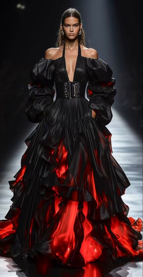 Avant Garde Gown Runway, Futuristic Gown, Witch Gown Haute Couture, Avant-garde Black Dress For Alternative Fashion, Vamp Dress, Red And Black Runway Dress, Luxury Avant-garde Ruffled Dresses, Romantic Wedding Dress, Runway Fashion Couture