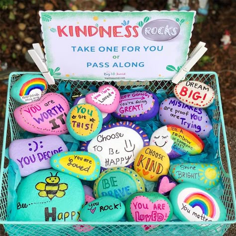 A Fun Kindness Activity for Children: Kindness Rocks Challenge – Big Life Journal Rocks Of Kindness, Rock Painting Activity, Painting Kindness Rocks, Rock Painting Kindness, Stamp Craft Ideas, Kindness Lesson Plans Elementary, Jr Kindergarten Activities, Positive Affirmation Rocks, Easy Kindness Rocks