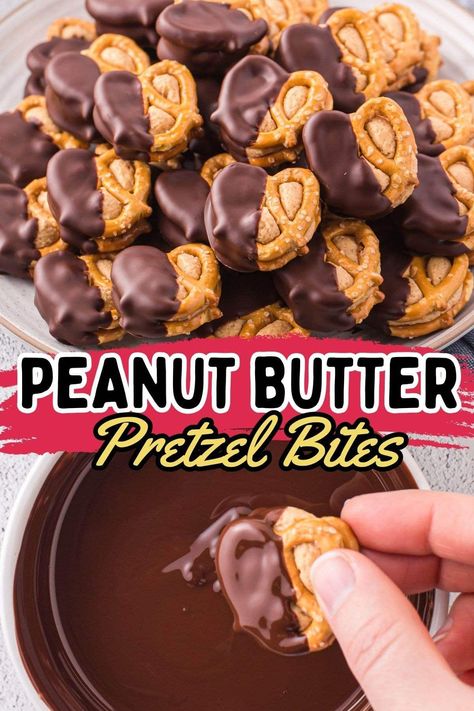 No-bake Peanut Butter Pretzel Bites bring together my favorite sweet and salty combination in mere minutes. This easy recipe is made using 7 simple ingredients – it’s a fun way to serve a snack of peanut butter that's been stuffed between two pretzels and dipped in dark chocolate. Things To Do With Pretzel Sticks, Peanut Butter Stuffed Pretzels, Ritz Cracker Peanut Butter Dipped, Peanut Butter Chocolate Pretzels, Chocolate Peanut Butter Pretzels, Chocolate Peanut Butter Bites, Bits And Bites Recipe, Pretzel Snack Recipes, Homemade Pretzel Bites