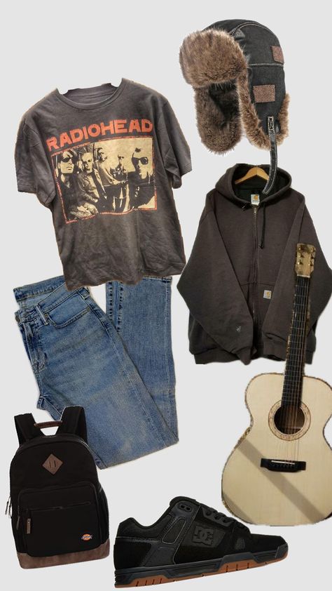 #Midwestemo #90sgrunge #alternate #losercore #grunge #downtownboy #radiohead #outfit Masculine Outfit Ideas, Radiohead Aesthetic Outfits, Swaggy Outfits 90s, Radiohead Outfit, Mens Midwest Emo Style, Grunge Winter Outfits Cold, Masc Grunge Outfits, Midwest Emo Aesthetic Outfit, Midwest Emo Style