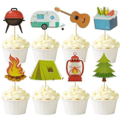 PRICES MAY VARY. Material: High Quality Cardstock and Sticks. Size: showed in the picture These items contains 24 pcs camper themed cupcake toppers in 8 different types. like guitar, tent, fire, kerosene lamp, fresh-keeping box, grill, pine tree, camper car. Each type for 3 pieces, quantity and type meet different needs. Perfect for birthday, wedding, bachelorette party, camper party, picnic weekend party, outdoor adventure party ect. These cupcake toppers are for decoration purposes only, not e Woodland Party Decorations, Camping Cakes, Birthday Cupcakes Decoration, Adventure Party, Camping Theme Party, Cake Picks, Baby Shower Decorations For Boys, Decorator Icing, Edible Cake Toppers