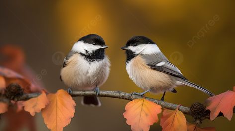 Two Birds Sitting On A Branch In Fall Leaves Background, Chickadees Picture, Bird, Chickadee Background Image And Wallpaper for Free Download Two Chickadees Tattoo, Chickadee Drawing Tattoo Ideas, Mountain Chickadee Tattoo, Black Capped Chickadee Painting, Fall Leaves Background, Chickadees On A Branch, Real Birds, Random Animals, Birds Sitting