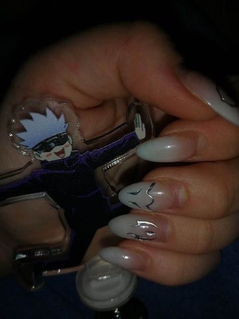 Gojo Themed Nails, Gojo Nail Art, Gojo Inspired Nails, Jjk Nails Gojo, Sukuna Nails Design, Jjk Inspired Nails, Gojo Nails Inspired, Gojo Satoru Nails, Jjk Nails Designs