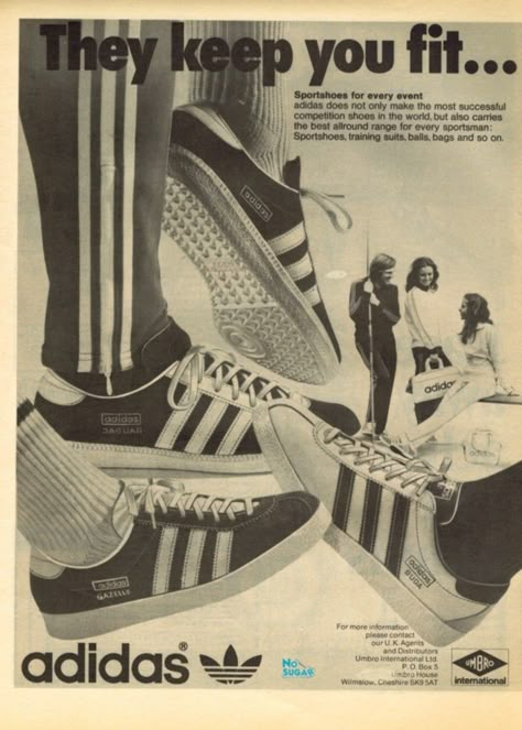 Wonderful Adidas period advertising from the 70's showing Gazelles, Jaguar and Buda Adidas Wall Prints, Vintage Adidas Aesthetic, Adidas Advertising Poster, Adidas Print Design, Adidas Ads Advertising, Adidas Vintage Poster, 70s Design Graphic, Adidas Poster Design, Posters Adidas