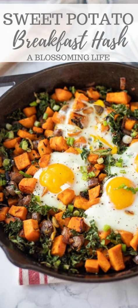 Sweet potato hash is a delicious recipe, perfect for breakfast, lunch or dinner. Sweet potatoes get sautéed with onions, kale (or spinach), and sausage, then topped with eggs and baked to perfection. Nothing fancy; just good ol' healthy food. #ablossominglife #sweetpotatohash #whole30 #whole30breakfast #healthybreakfastrecipes Sweet Potato Breakfast Hash, Sausage Hash, Potato Breakfast, Sweet Potato Kale, Sweet Potato Skins, Hash Recipe, Sweet Potato Spinach, Whole 30 Breakfast, Breakfast Hash