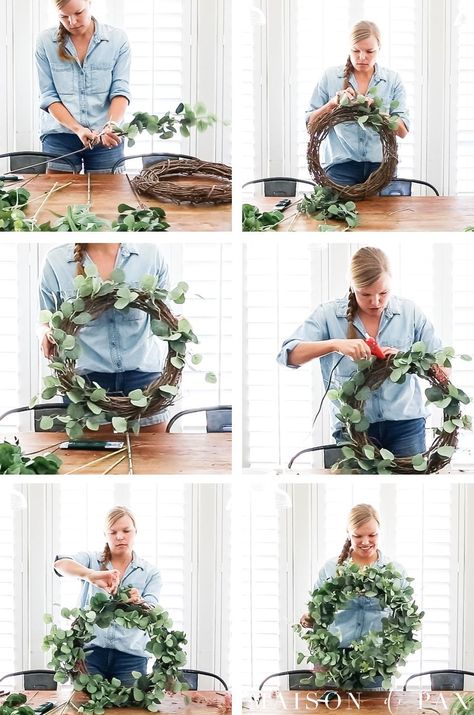 Get step by step instructions to make your own gorgeous faux eucalyptus wreath that looks like the real thing! #diywreath #eucalyptus #maisondepax Eucalyptus Wreaths For Front Door, Diy Eucalyptus Wreath, Eucalyptus Wreath Diy, Door Reefs, Fall Yarn Wreaths, Diy Eucalyptus, Fall Wreath Tutorial, Wreath Eucalyptus, Grass Wreath