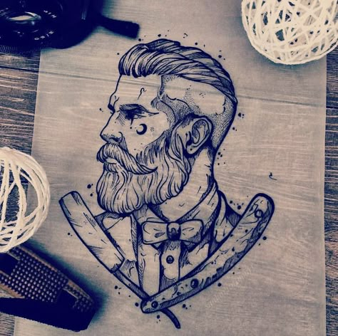 Neotraditional Bearded Gent Beard Tattoo Design, Barber Tattoo Ideas, Gentleman Tattoo, Sailor Jerry Tattoo Flash, Barber Tattoo, Beard Art, Barber Logo, Vintage Tattoo Design, Barbershop Design