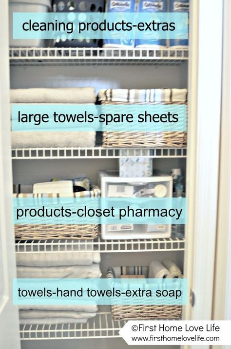 By designating each shelf to a different cause (first-aid supplies, clean towels) you'll always know where to look for the cold medicine when you start to get the sniffles or guest towels when your family is staying over. See more at First Home Love Life »  - GoodHousekeeping.com Ideas Armario, Organiser Son Dressing, Organized Closet, Cleaning Challenge, Linen Closet Organization, Bathroom Diy, Decoration Tips, Hall Closet, Bathroom Closet