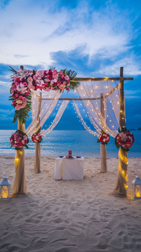 a boho style beach wedding with an arch, lanterns, and flowers for a sunset wedding. Beach Evening Wedding, Small Beach Wedding Ideas, Island Wedding Ideas, Wedding Outline, Fall Beach Wedding, Beach Wedding Inspo, Beach Wedding Theme, Tropical Wedding Venue, Mexico Beach Wedding