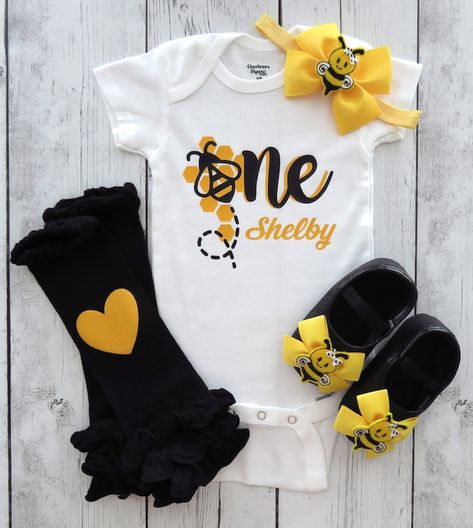 1st Bday Outfit, Bumble Bee First Birthday, Bee First Birthday, Bee Outfit, First Birthday Onesie, Black Glitter Shoes, Matching Birthday Shirts, Bee Shoes, Birthday Onesie