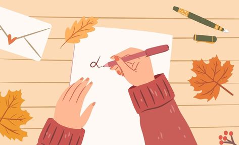 Woman hands with pen writing letter on a paper sheet. Top view. Autumn maple leaves on desk, letter envelope, pens. Cozy autumn illustration. Flat vector design. Writing Clipart, Woman Hands, Pen Writing, Autumn Paper, Pen Illustration, Autumn Illustration, Picture Books Illustration, Hand Drawn Vector Illustrations, Paper Illustration