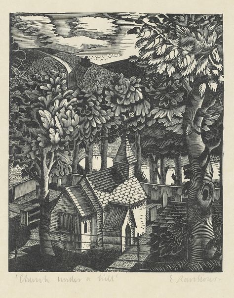 ERIC RAVILIOUS (1903-1942) | Church under a hill | 20th Century, Prints & Multiples | Christie's Eric Ravilious, Magic Realism, National Art, Wood Engraving, A Hill, British Art, Painting Illustration, Art Movement, Linocut