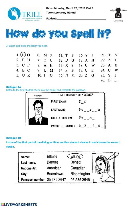 Listening spelling alphabet - Interactive worksheet Spelling Exercises Worksheets, When While Worksheet, Spell Worksheet, Ell Listening Activities, Correct The Spelling Worksheet, Class 1english Worksheet, Alphabet Practice Worksheets, Listening Test, Spell Your Name