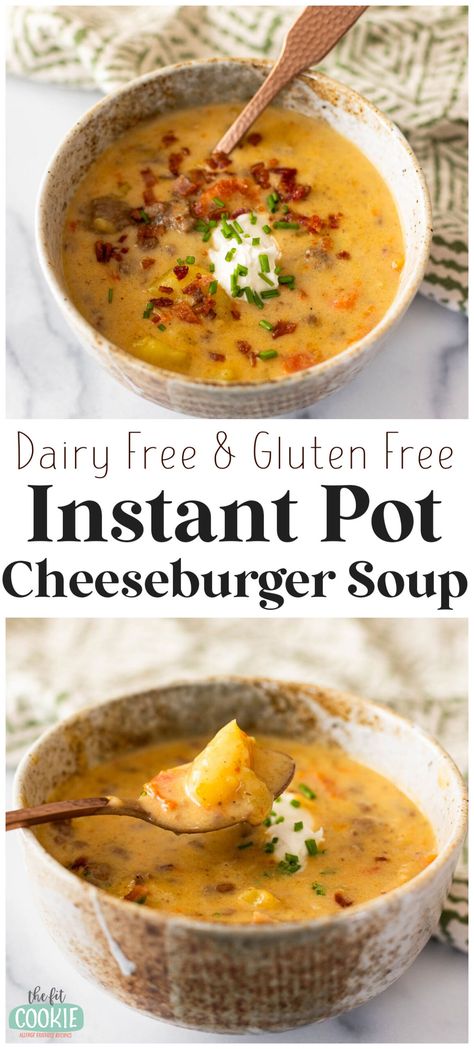 This comforting and hearty cheeseburger soup is made in the Instant Pot and is completely dairy free and gluten free. This is great as a stand-alone meal or alongside cornbread or roasted root vegetables. | thefitcookie.com Cheeseburger Soup Dairy Free, Instant Pot Gluten Free Soup, Hearty Instant Pot Recipes, Fall Soup Recipes Gluten Free Dairy Free, Gluten Free Cheeseburger Soup, Gluten Free Dairy Free Recipes Dinner Easy Low Carb, Quick Instant Pot Soup, Dairy Free Cheeseburger Soup, Gluten And Dairy Free Instant Pot Recipes