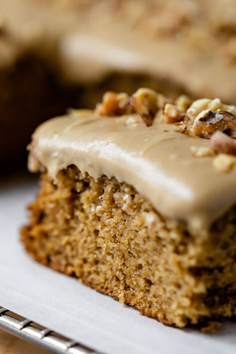 Made from homemade applesauce, this Applesauce Cake with Caramel Frosting is a moist and sweet treat! The rich, fall flavors complement the caramel frosting perfectly! | wyseguide.com #thatssowyse #fall #applesauce #caramelfrosting #frosting Cake Using Applesauce, Applesauce Desserts, Cake With Caramel Frosting, Applesauce Cake Recipe, Apple Cakes, Apple Spice Cake, Nursing Cake, Cake With Caramel, Caramel Icing