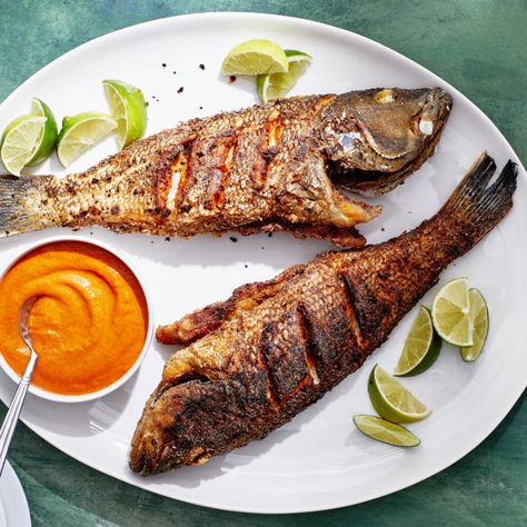 Fried Fish With Piri-Piri Sauce Recipe | Bon Appétit Whole Fish Plating, Fried Fish Photography, Fish Fry Photography, Piri Piri Sauce Recipe, Whole Fried Fish, Fish Food Photography, Watercolor References, Piri Piri Sauce, Fish Fried