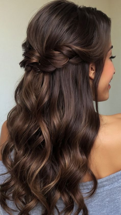 Looking for inspiration for party hairstyles From easy to medium long to short hair formal to disco styles - we've got you covered Explore 90s hair trends simple wedding hair ideas and Western dress hairdos for all occasions Find the perfect look for your next event Dark Brown Bridal Hair, Winter Formal Hairstyles Medium, Formal Hair Curls, Brown Hair Wedding Hairstyles, 90s Hair Trends, Hair For A Party, Party Hairstyles For Short Hair, Short Hair Formal, Disco Hairstyles