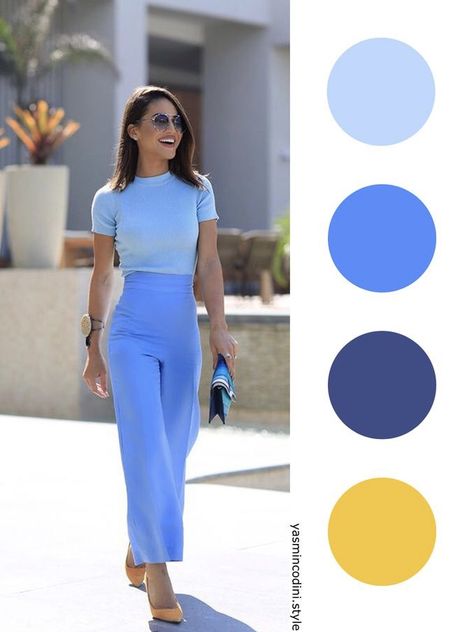 Now Trending Outfits 2023, Pop Of Color Office Outfits, Color Blocking Outfits Pastel, Combo Outfits Women, Color Block Work Outfits, Cerulean Blue Outfit Color Combos, Cornflower Blue Pants Outfit, Unexpected Color Combinations Outfits, Colors That Go With Yellow Clothes